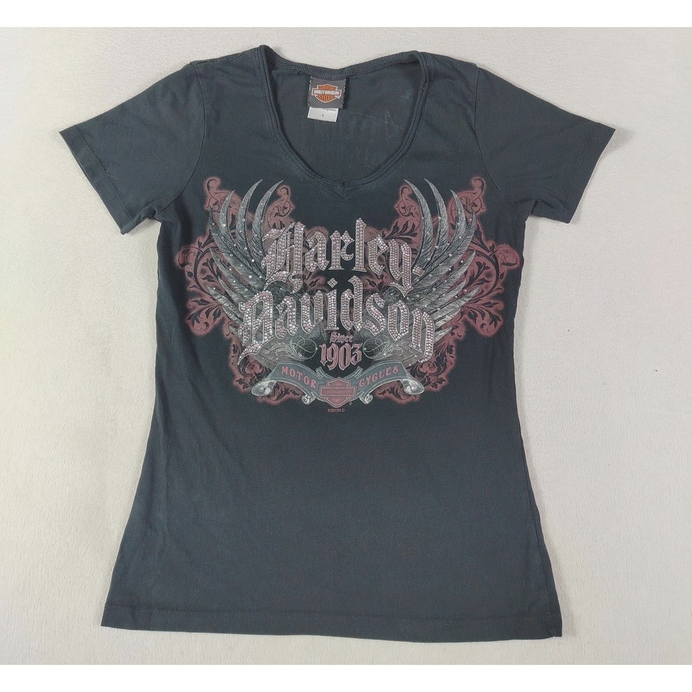 Harley Davidson Shirt Womens Small Black Rhinestone Wing Texoma Moto Bikercore